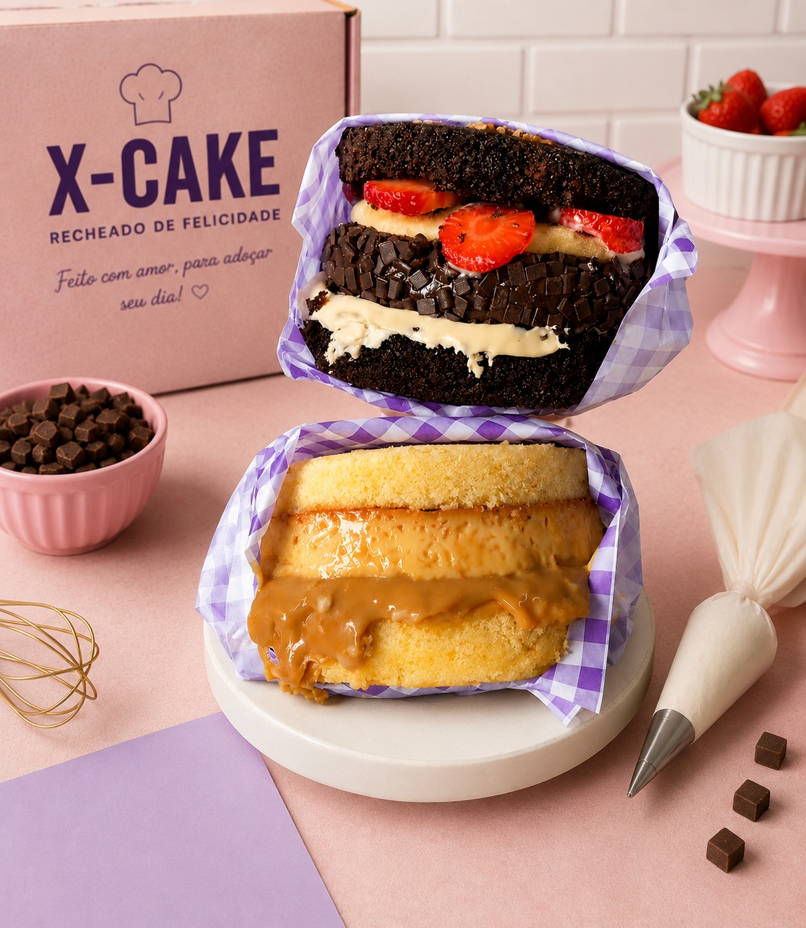 Mulher segurando um X-Cake decorado